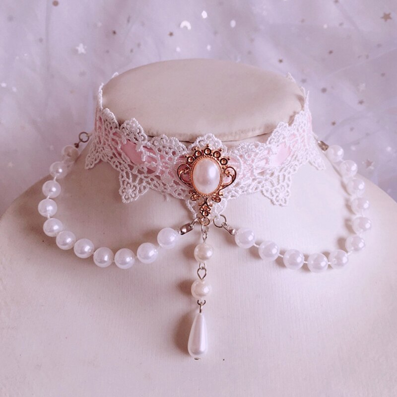 Collier à perles princesse Lolita, dentelle, ras du cou, chaîne de clavicule: Pink ribbon