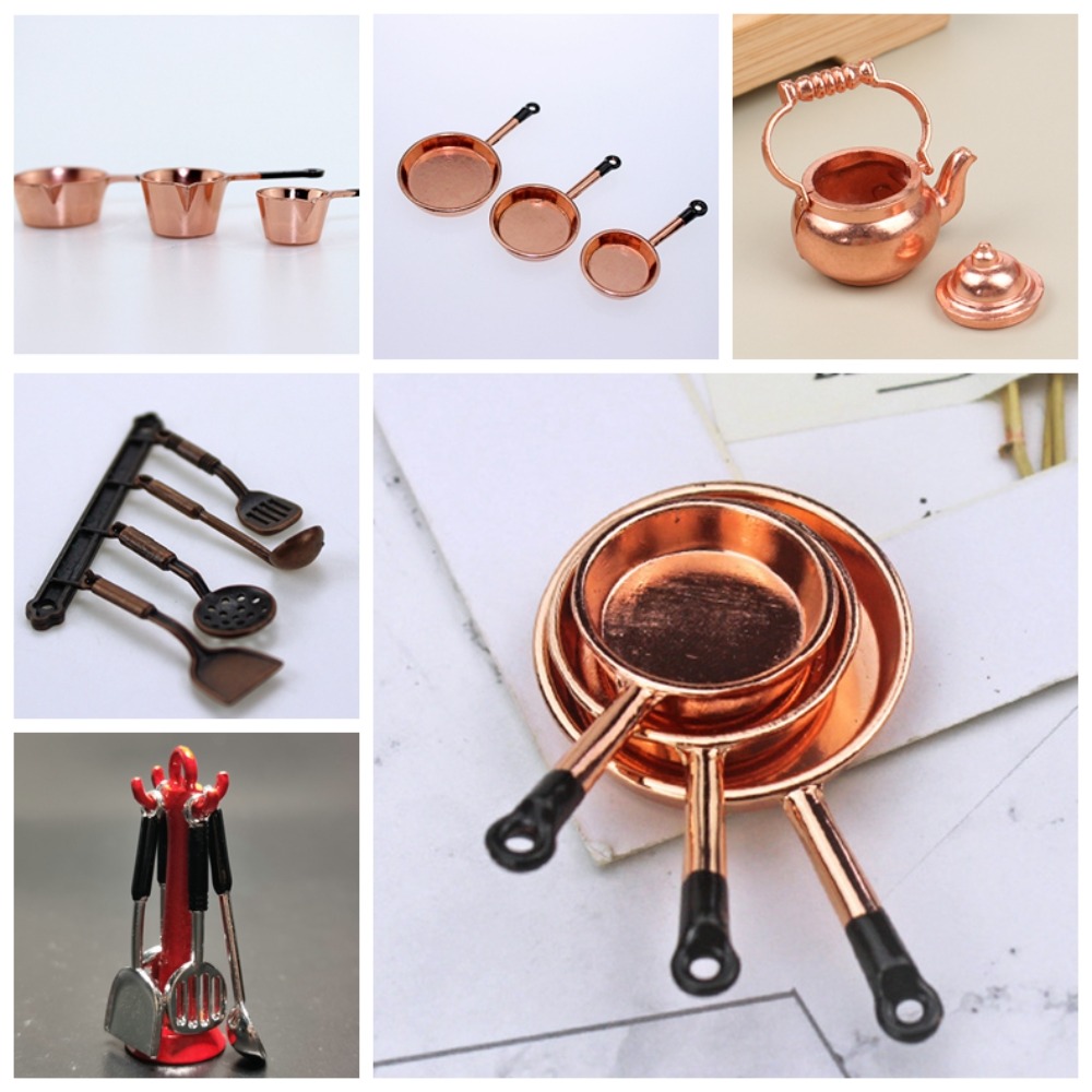 Hervidor 1:12 Mini juegos de utensilios de cocina utensilios de cocina escala 1:12 juego de cocina para muñecas Mini Kit de cocina de aleación