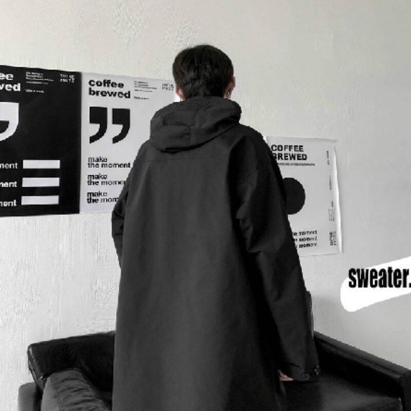 Mężczyźni wykop jednolity, na zamek płaszcze styl japoński luźne średnie długie Hipster nastolatków odzież z kapturem Ulzzang Streetwear studenci Harajuku