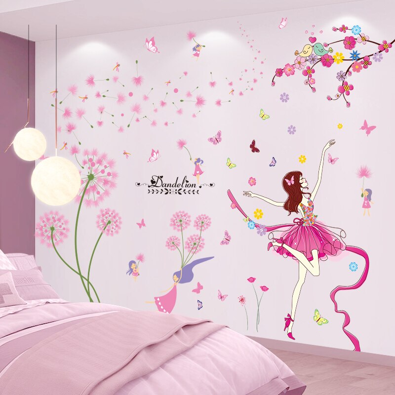[shijuekongjian] tegneserie pige danser wallstickers gør-det-selv mælkebøtte blomster vægklistermærker til børneværelse baby soveværelse boligindretning: Blomst og pige 2