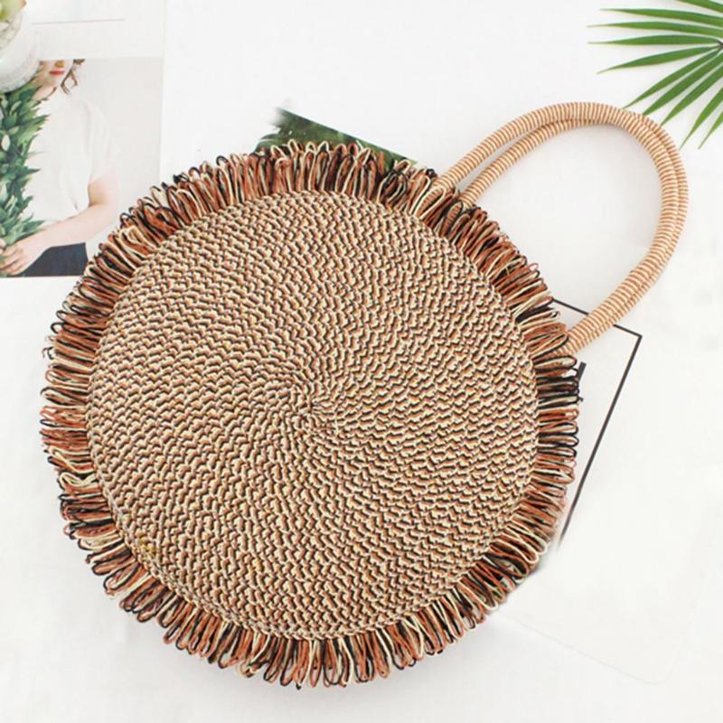 Mode Stro Handtassen Crossbody Handgemaakte Ronde Geweven Zomer Strand Rotan Schoudertas Tote voor Vrouwen Meisjes Dames Zwart/Oranje