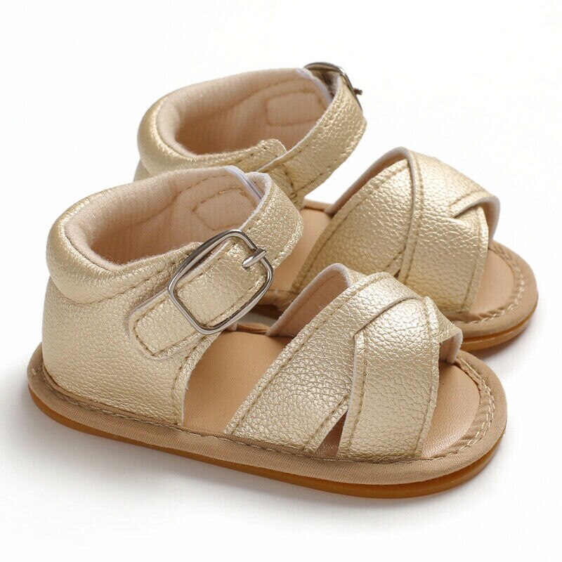 Recién Nacido bebé niña Sandalias Prewalker antideslizante zapatos de cuero de la PU de la hebilla de lindo verano bebé Infante zapatos: Dorado / 0-6 meses