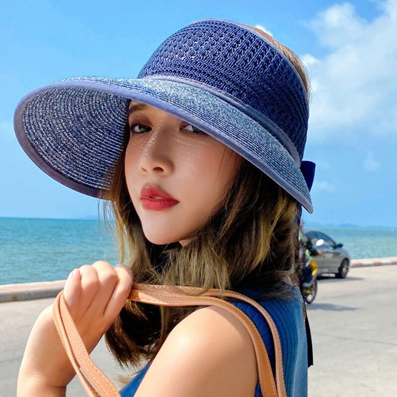 Foldable Summer Women's Sun Hat Bucket Cap Lace Bowknot Flowers Ribbon Flat Top Panama Soft Straw Hat Beach Caps: NV