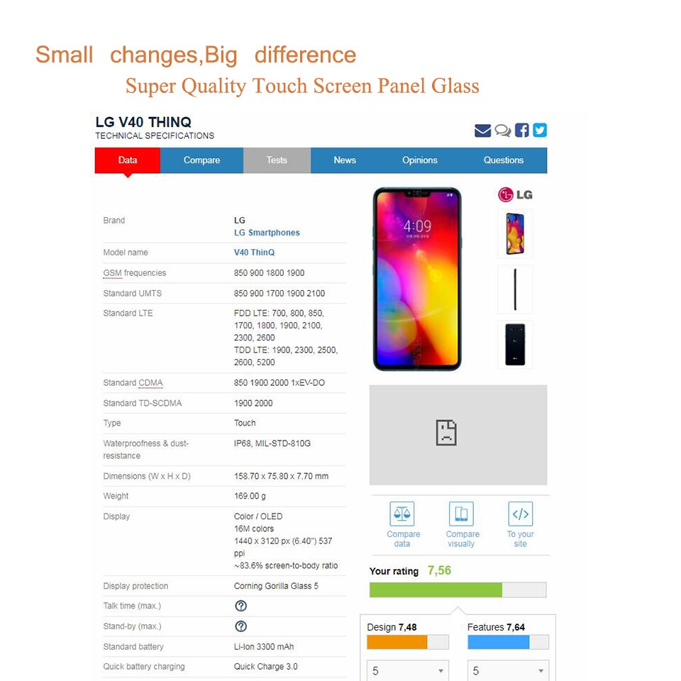 Til lg  v40 thinq  v405 qa 7 v405ua v405 tabs berøringsskærm frontglaspanel front ydre glaslinse til udskiftning af lg  v40 lcd glas