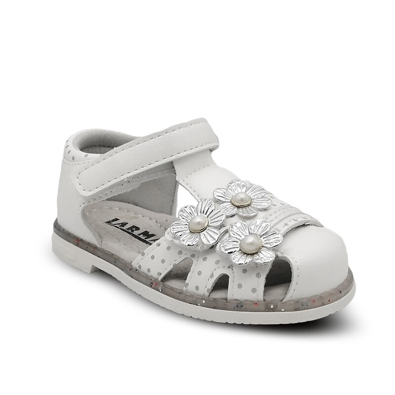 Sandalias ortopédicas para niña, zapatos antideslizantes con flores de perlas, cuero PU, 13-16cm de interior: Blanco / 6,5