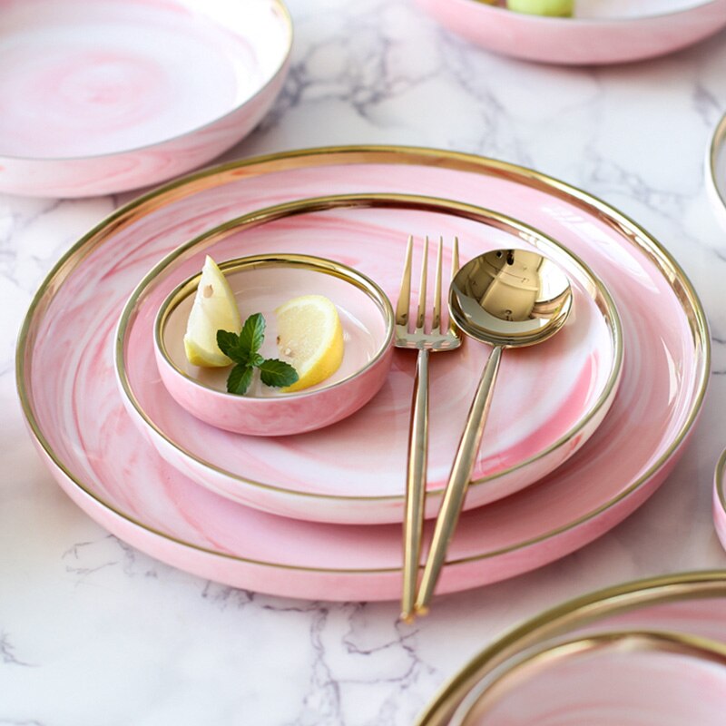 Lyserød marmor glasur keramisk tallerken sæt vestlig bøf salat aftensmad tallerkener skål bordservice morgenmad dessert retter sæt hjem indretning