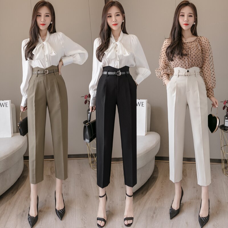 Spring Korean Style Women Formal Harem Pants with Belt High Waist Office Lady Ankle-Length Chic Pants Female