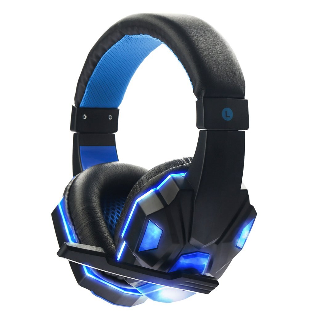 Gaming headset hörlurar trådbundna gamer hörlurar stereoljud headset med mic led ljus för dator pc gamer: Blå
