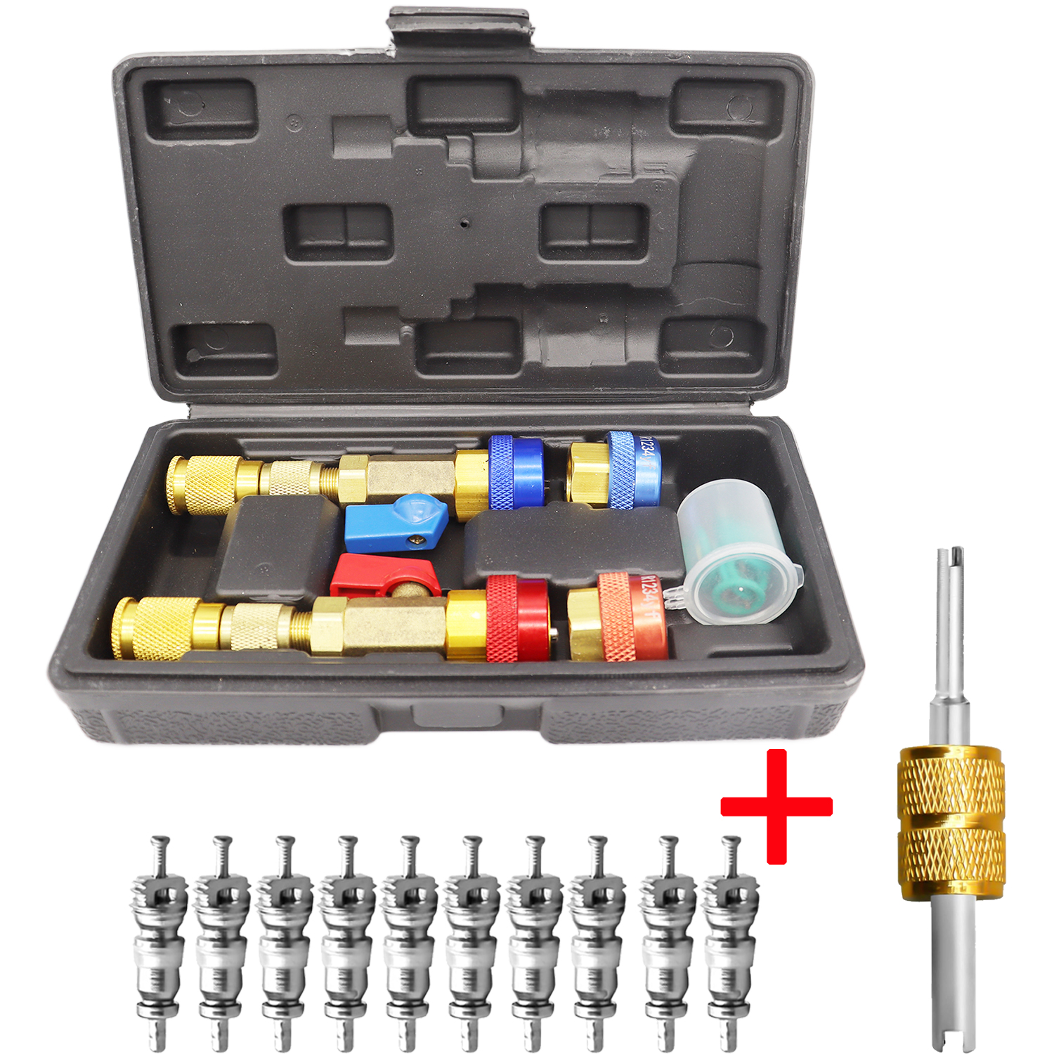 R134A R1234YF Valve Core Tool Air Condition Valve Core Refrigeration Schrader Valve Core Remover Tool with O-Ring Rubber Seal: Gold