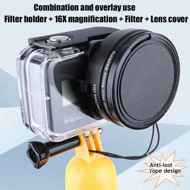 16X Macro Filter for Gopro 10/9/8 Black Original Waterproof Case Diving Red Purple Filter +Adapter Ring+Lens Cap for Gopro 10/9