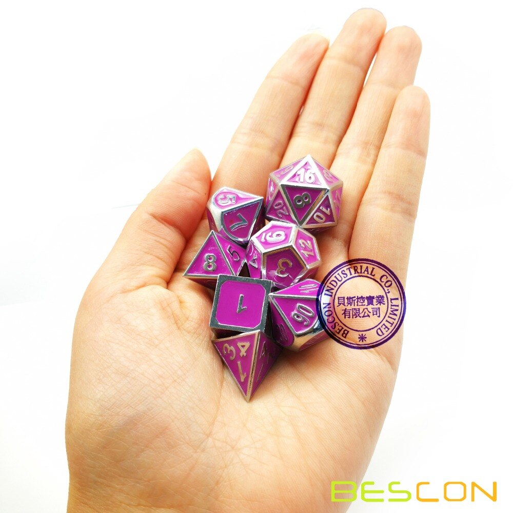 Bescon Deluxe Creatieve Glanzend Zilver en Paars Emaille Effen Metalen Polyhedral Rollenspel RPG Game Dice Set van 7