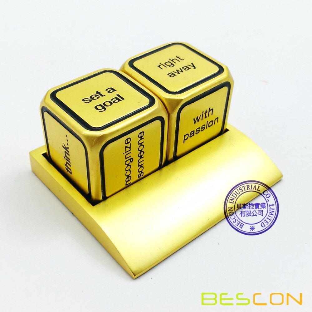 Bescon Promotionele Motivatie Solid Metallic Dobbelstenen Set, 2 Stuks Motivatie Desktop Metal Dice Set Een Inch D6 Matt Golden