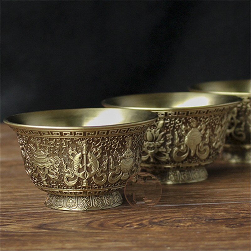 Gunstige Exquisite Tibetaans Boeddhisme Messing Carving Tall Cup Bidden Boeddha Gepolijst Heilige Kom Thuis Decoraties