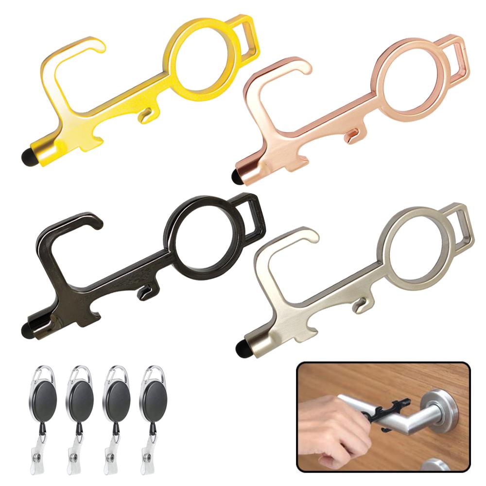 Apriporta senza contatto Attrezzo, 4 Pz Multifunzionale Nessun tasto tocco Apriporta Gancio ergonomico Pulsante touchscreen Stilo mobile con portachiavi per Ambiente esterno no tocco ecc.