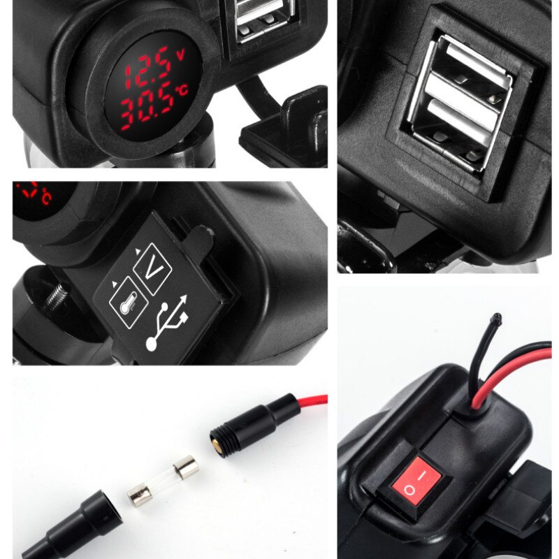 Motorcycle Car Mobile Phone Charger Waterproof with Switch Temperature Digital Display 12V To 5V Dual Usb Modified Accessories