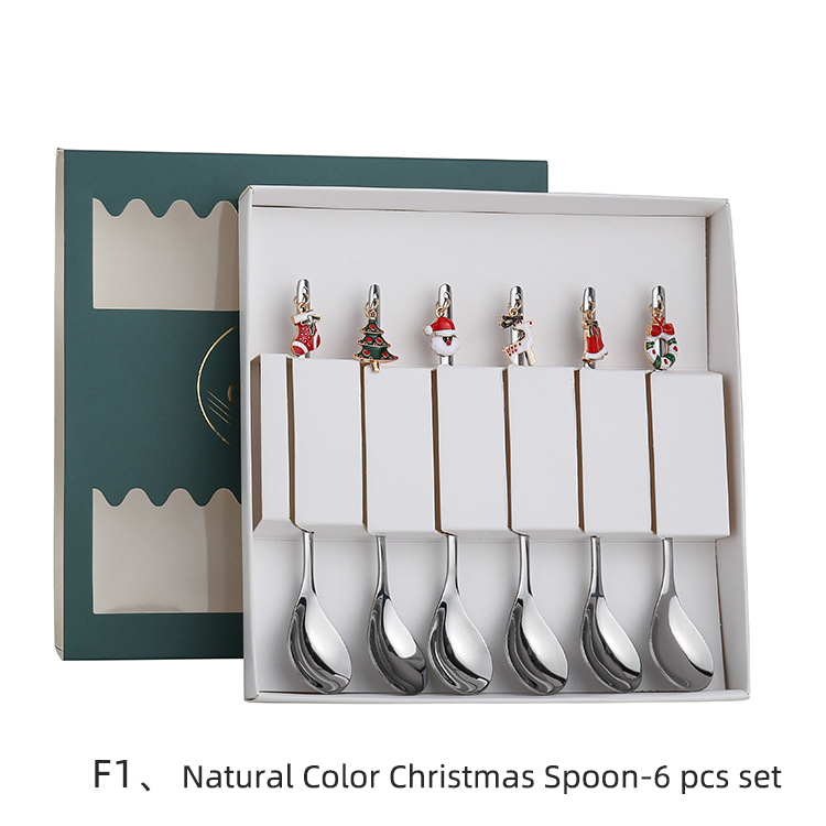 Christmas Spoon Vacuum Plating Stainless Steel Coffee Spoon Long Handle Tea Spoons Kitchen Drinking Flatware: F1