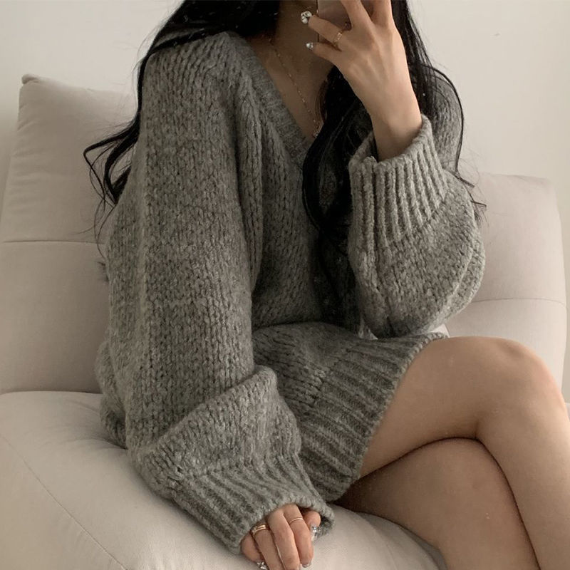 Pull mi-long en tricot pour femme, style paresseux, col en v, étudiant Y2K, version coréenne, fin et polyvalent, top
