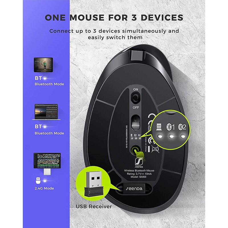Seenda Ergonomic Rechargeable Mouse Multi-device &amp; Easy-Switch Bluetooth Wireless Mouse for Laptop PC Smart TV Mac Tablet iPad