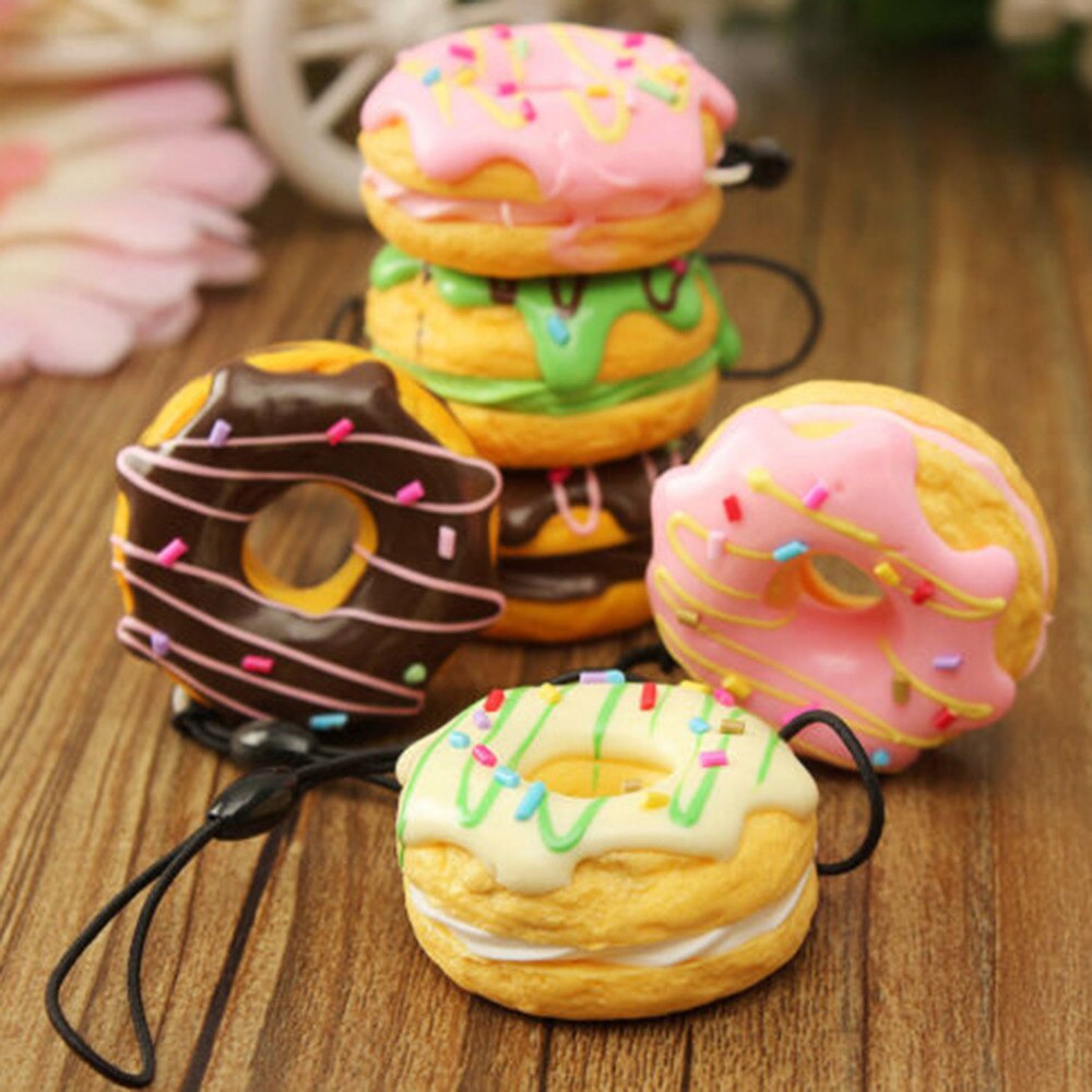 Sleutel Kleurrijke Zachte Kawaii Antistress Squishy Ketting Bandjes Leuke Donuts Charmes Mobiele Telefoon Bandjes Anti-Stress Langzaam Stijgende Speelgoed