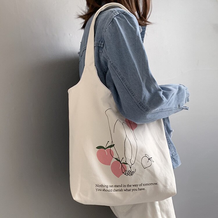 Women Canvas Shoulder Tote Bag Chic Fruit Printed Cotton Cloth Shopping Bags Female Handbag Ins Reusable Beach Shopper Bag