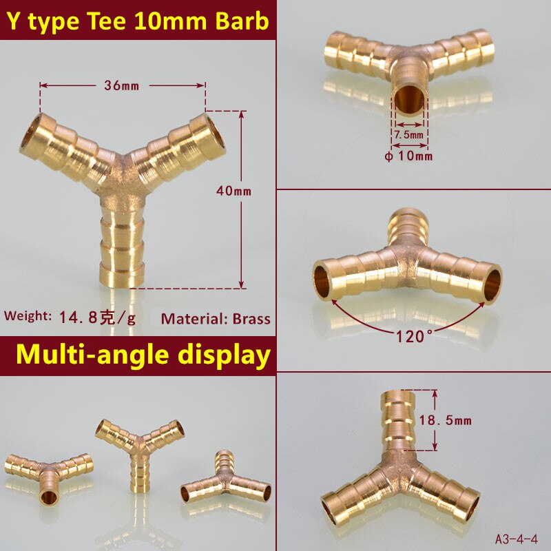 1PC Brass Barb Pipe Fitting Y Type 3 way tee connector For 4mm 5mm 6mm 8mm 10/12/14/16/19/25mm hose copper Pagoda Tube Fittings: Orange