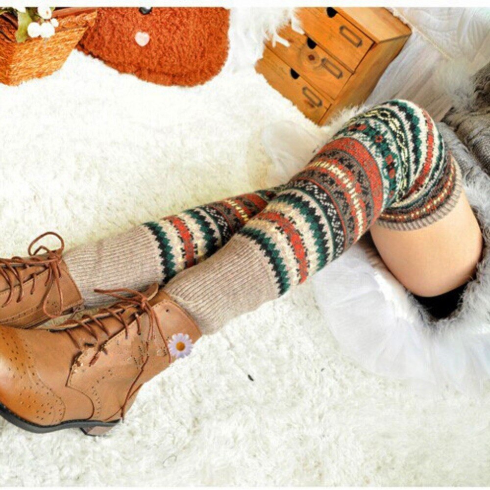Vinter over knæ lange strikede sokker dækker hæklede benvarmer chic