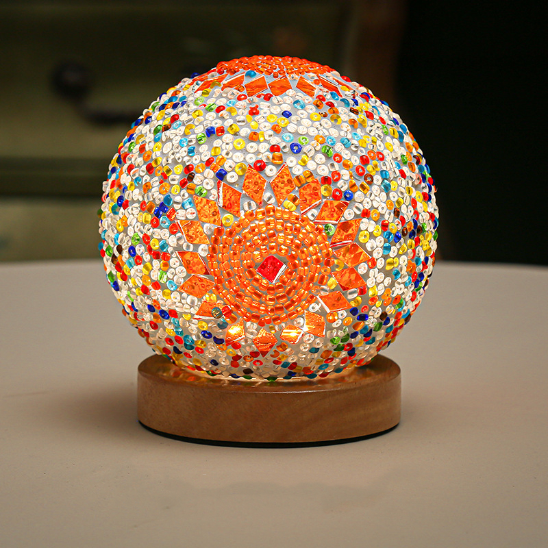 Mozaïek glazen bol tafellamp, bollamp met houten voet, turkse marokkaanse ronde kleine lamp voor slaapkamer, woonkamer en huisdecoratie.: Wit / Rozenrood