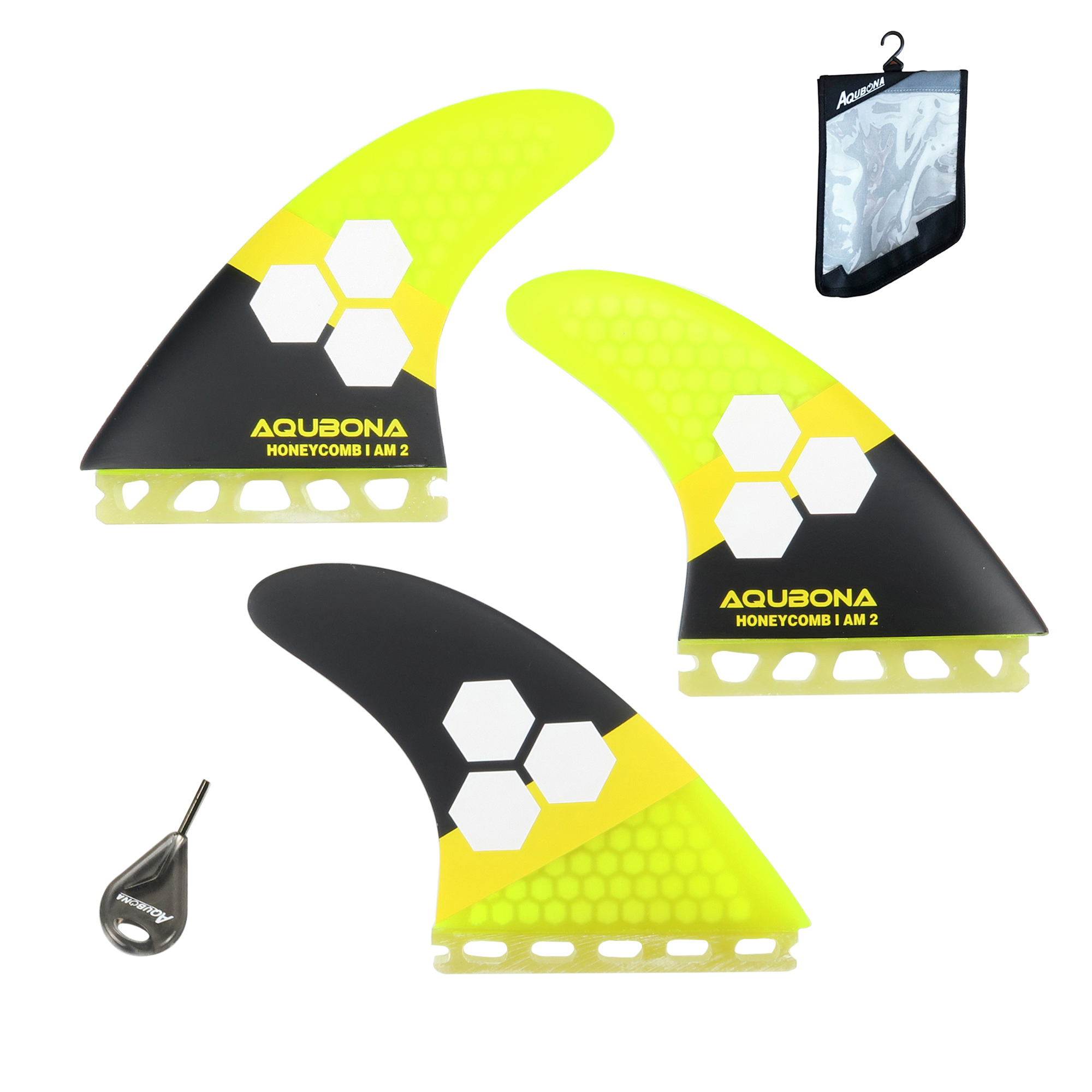 Aletas de fibra de vidrio para tabla de surf, doble pestaña, con bolsa de aleta, llave de aleta (Juegos pequeños, medianos, grandes): yellowC-key-bag