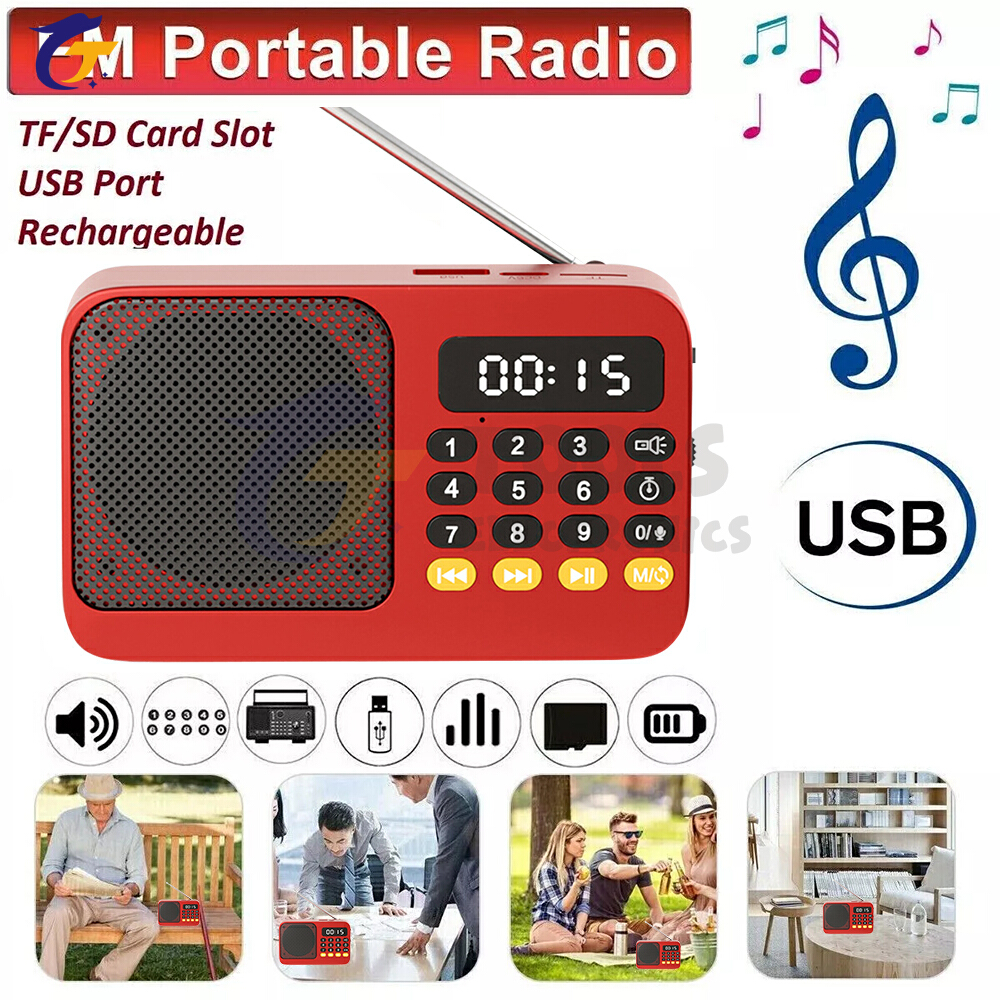 Kompakt handhållen bärbar radio, uppladdningsbar fm, tf, usb, bt, musikspelare med lcd-skärm, 3.5mm uttag och ficklampa