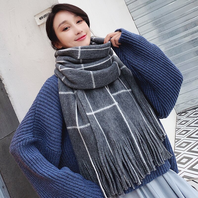 [EWQ] Winter Shawl Plaid Patchwork Thick Keep Warm Knitting Long Plaid Korea Scarf Woman Wool Spinning 19C-a17-02-0