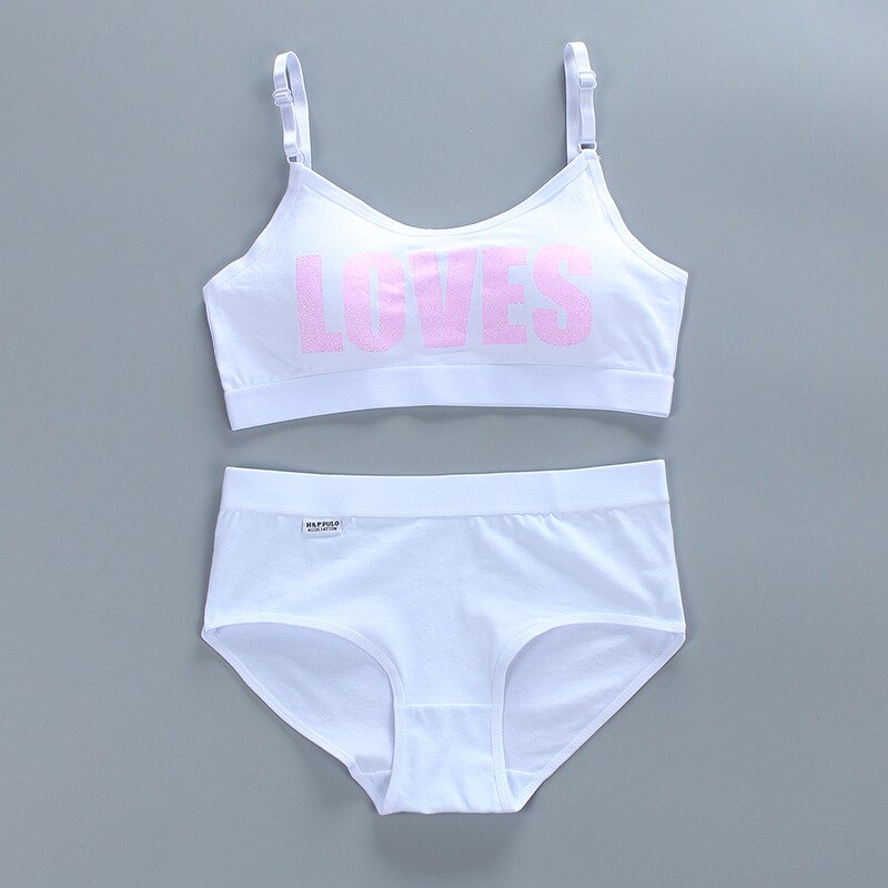 Kinderen Katoen Bh Set Tieners Training Bras Meisjes Ondergoed Set Tieners Puberteit Draadloze Bh + Onderbroek 8-16Years: WHITE