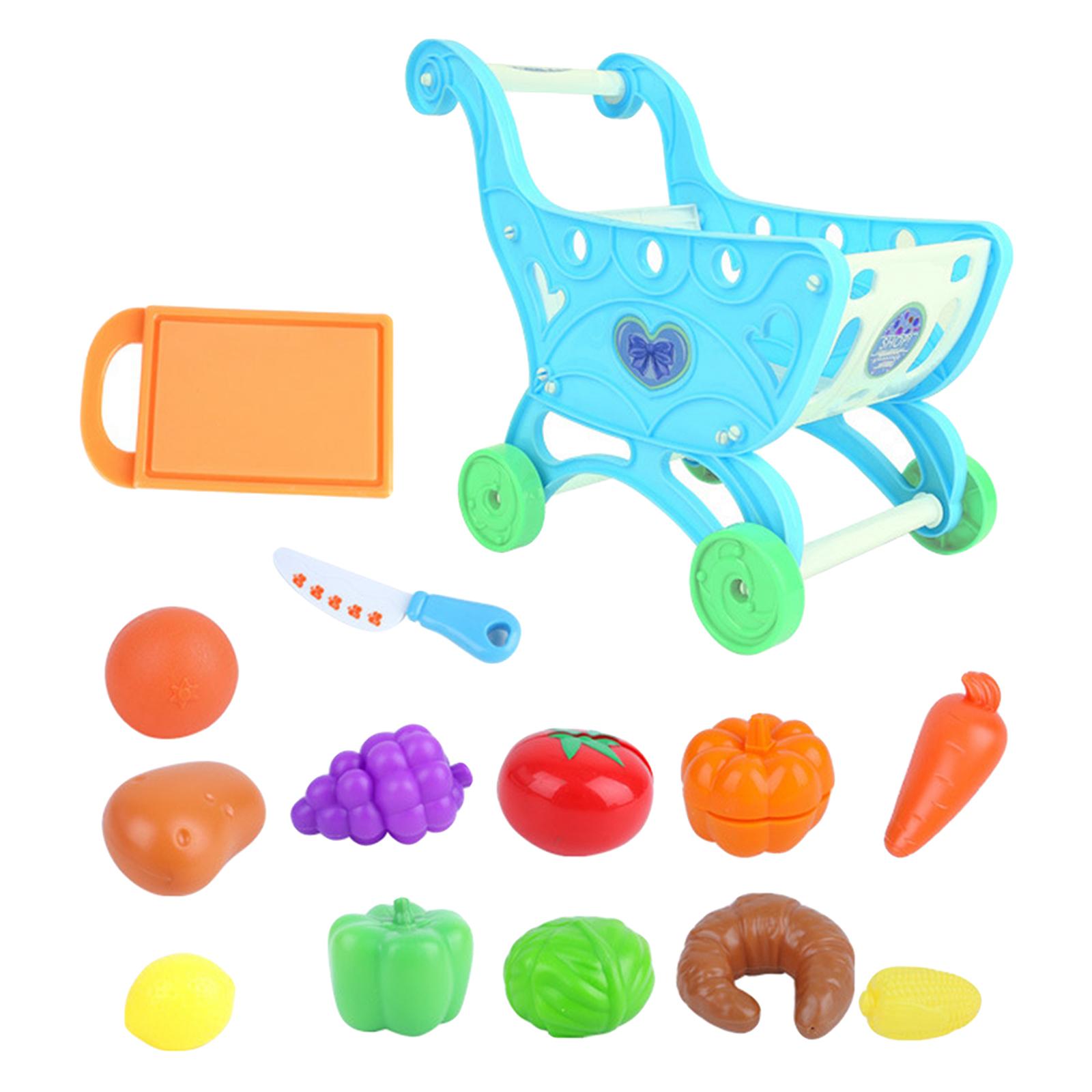 14Pcs/Set Shopping Trolley Cart Supermarket Trolley Basket Mini Simulation Fruit Food Imaginative Play: Silver