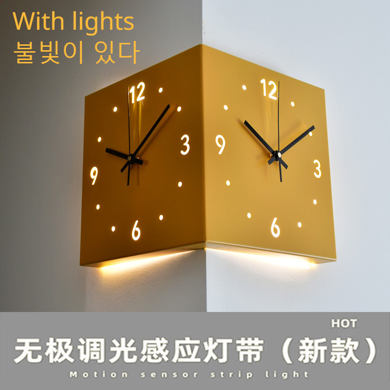 Reloj de pared de esquina con Sensor de luz , reloj de pared cuadrado Simple de doble cara con escala de números arábigos, reloj de pared analógico silencioso: Azul