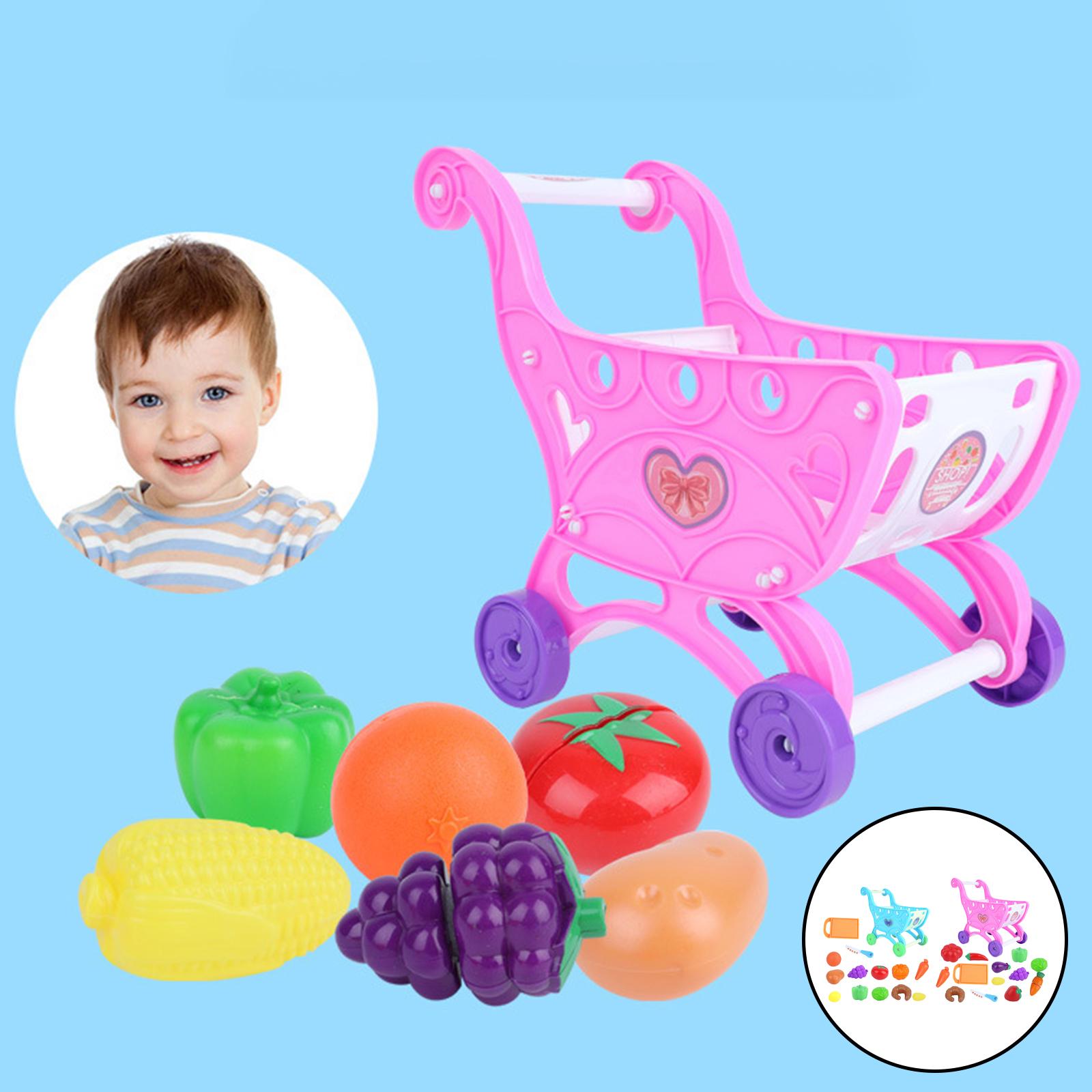 14Pcs/Set Shopping Trolley Cart Supermarket Trolley Basket Mini Simulation Fruit Food Imaginative Play