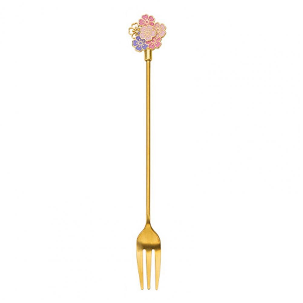 Cuillère à Dessert en acier inoxydable, fourchette en forme de fleur de cerisier cuillère à Dessert fourchettes à fruits cuillère à remuer pour café vaisselle accessoire de cuisine 1 pièce: 6 Golden Cherry Fork