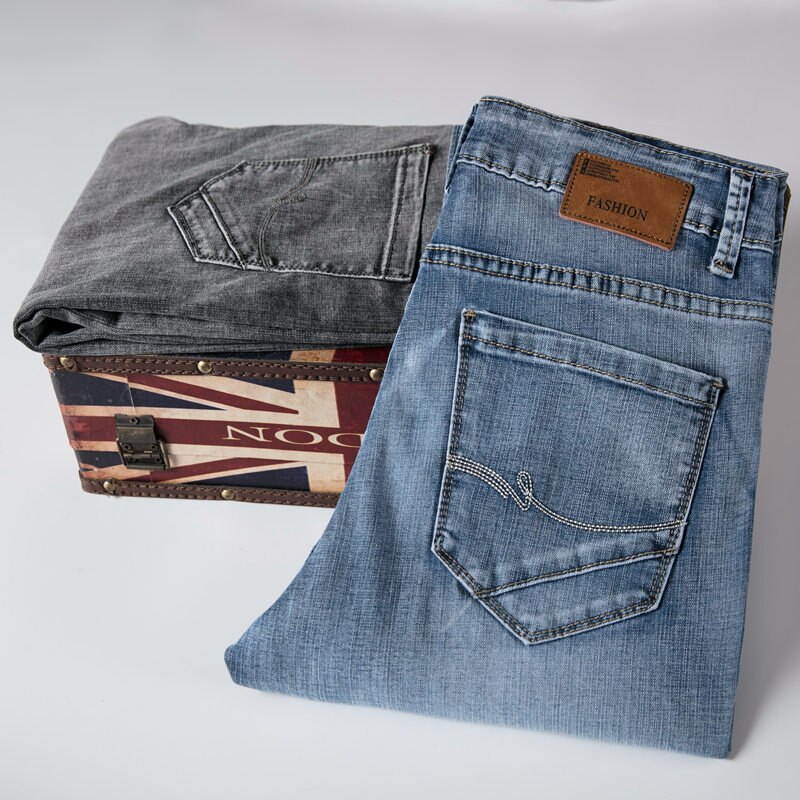 jeans menn vanlig snitt virksomhet tøye ut lyseblå grå vår sommer rett uformelt menn jeans lange bukser mannlig hombre