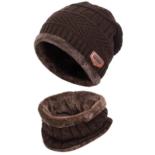 Winter Warm Beanie Hat Scarf Gloves Set Unisex Winter Warm Knitted Beanie Hat Neck Glove for Men Women XRQ88: Brown 2 piece