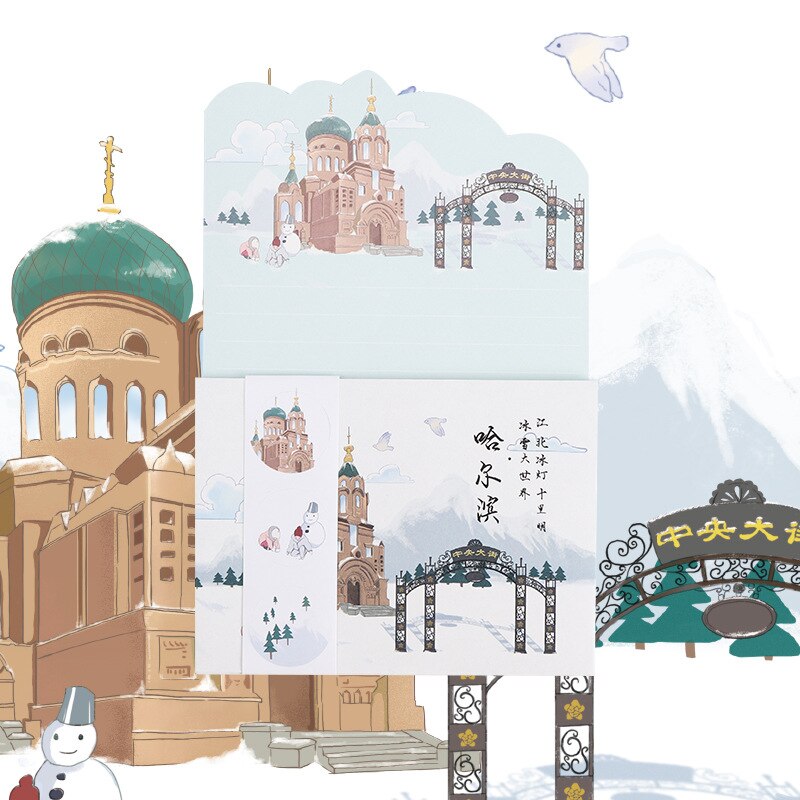 7 Cities Letter Paper Set Cartoon City Set Combination Stationery Postcard Color Page Envelope City Notes