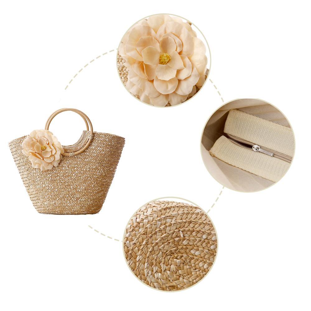 Reine Hand-woven Tasche Mit Blume Rattan Gewebt Griff Lagerung Paket Taschen Natürliche Armbänder Taschen Für Frauen
