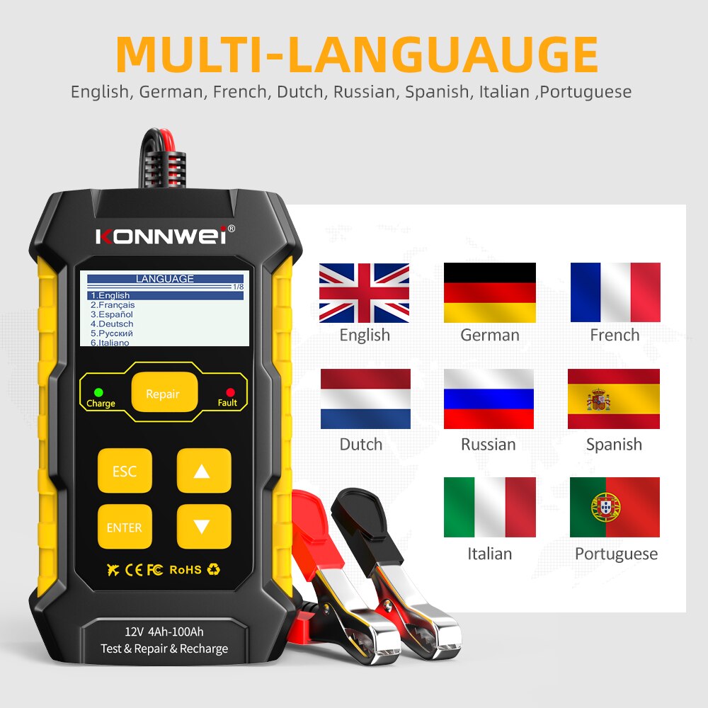KONNWEI-probador de batería de coche KW510, 12V, 5A, cargador de reparación de pulso, húmedo, seco, ácido de plomo, herramienta de reparación de batería de coche completamente automática