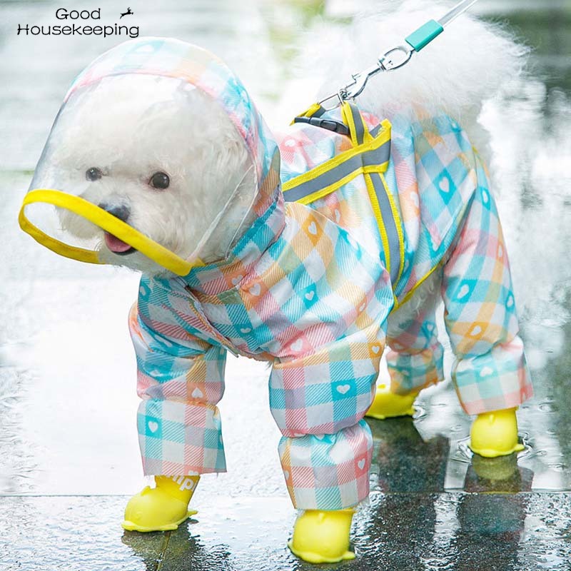 Leuke Liefde Plaid Regenjas Trekkabel Grote Brim Pet Poncho Vier-Legged All-Inclusive Kleine Honden Reflecterende Kleding