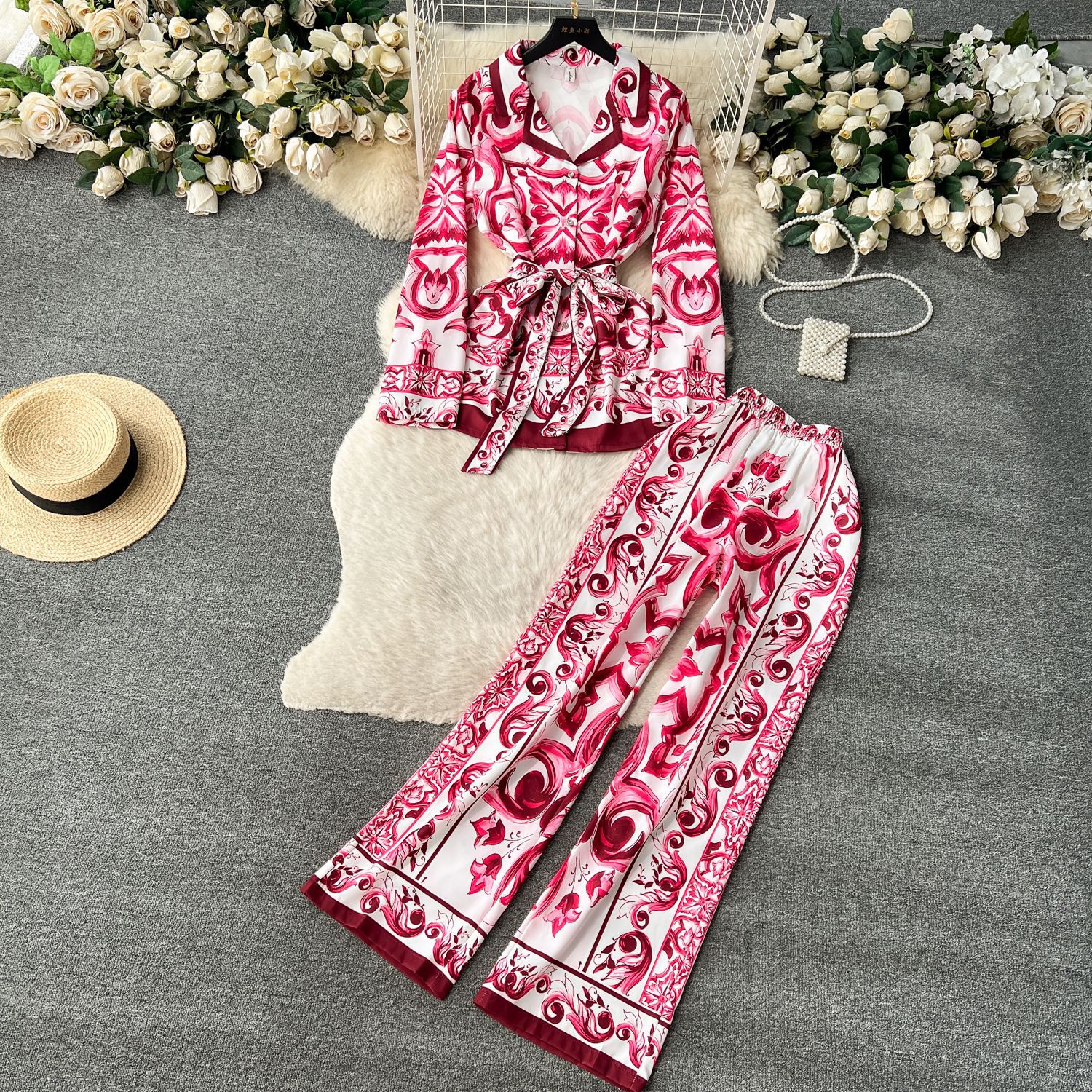 Pant Set Women Two Piece Sets Turn Down Collar Matching Sets Print Casual Loose Tops Wide Leg Long Pants Lace Up High Waist: XL / Red