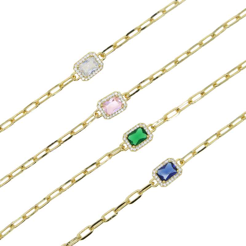 Goud Kleur Papier Clip Keten Kleurrijke Birthstone Cz Geometrische Rechthoek Charm Armband Voor Vrouwen