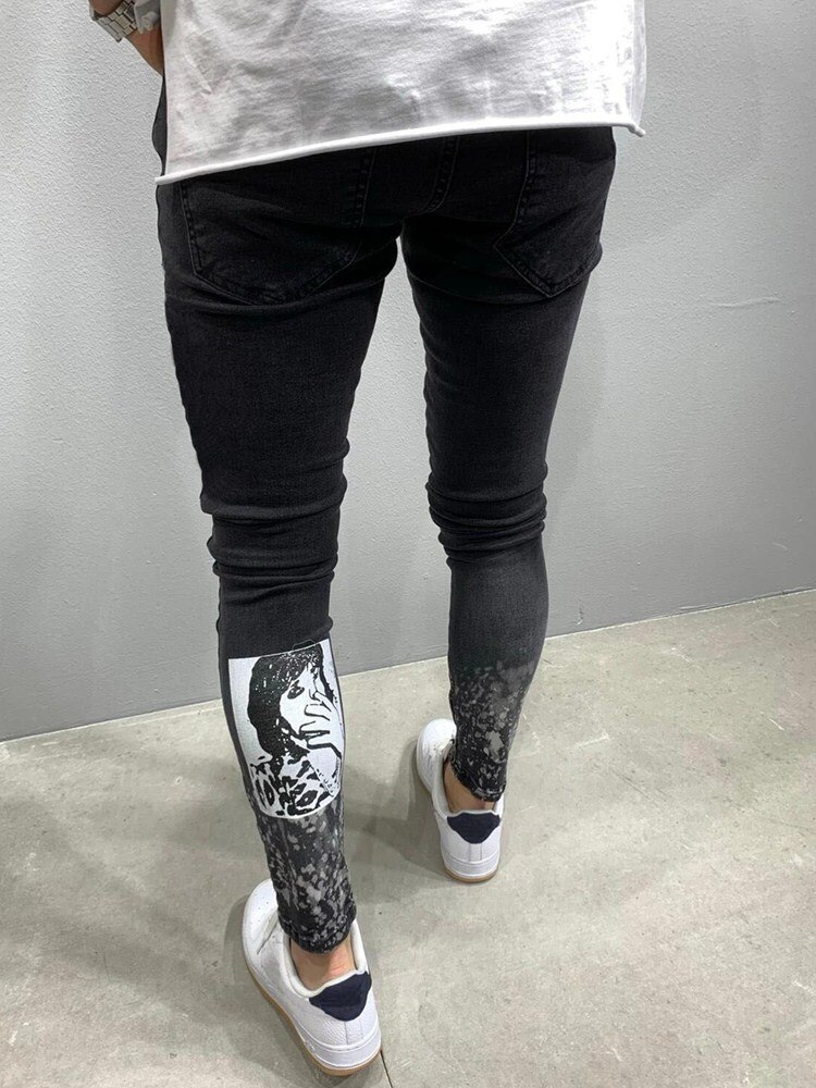 Slim Jeans Men Ripped Printing Head Stretch Denim Pants Elastic Waist Big Size European Hip-Hop Casual Men Jeans S-4XL