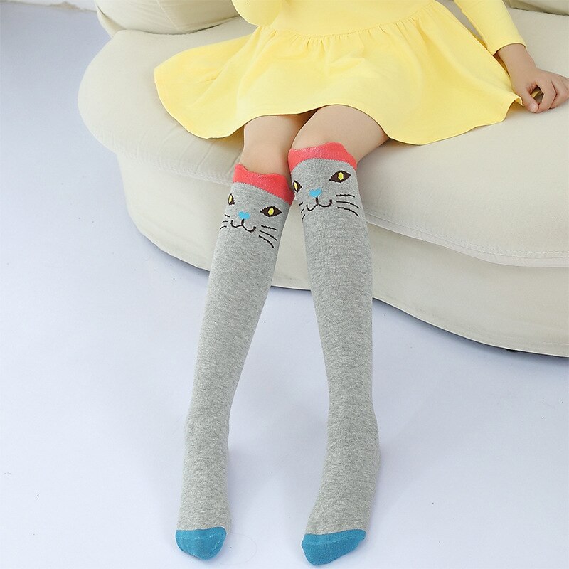 Skolebarn små piger knæhøje lange sokker børn ræv / kat print bomuld varme benstøvler til pige tilbehør til tøj: Grøn