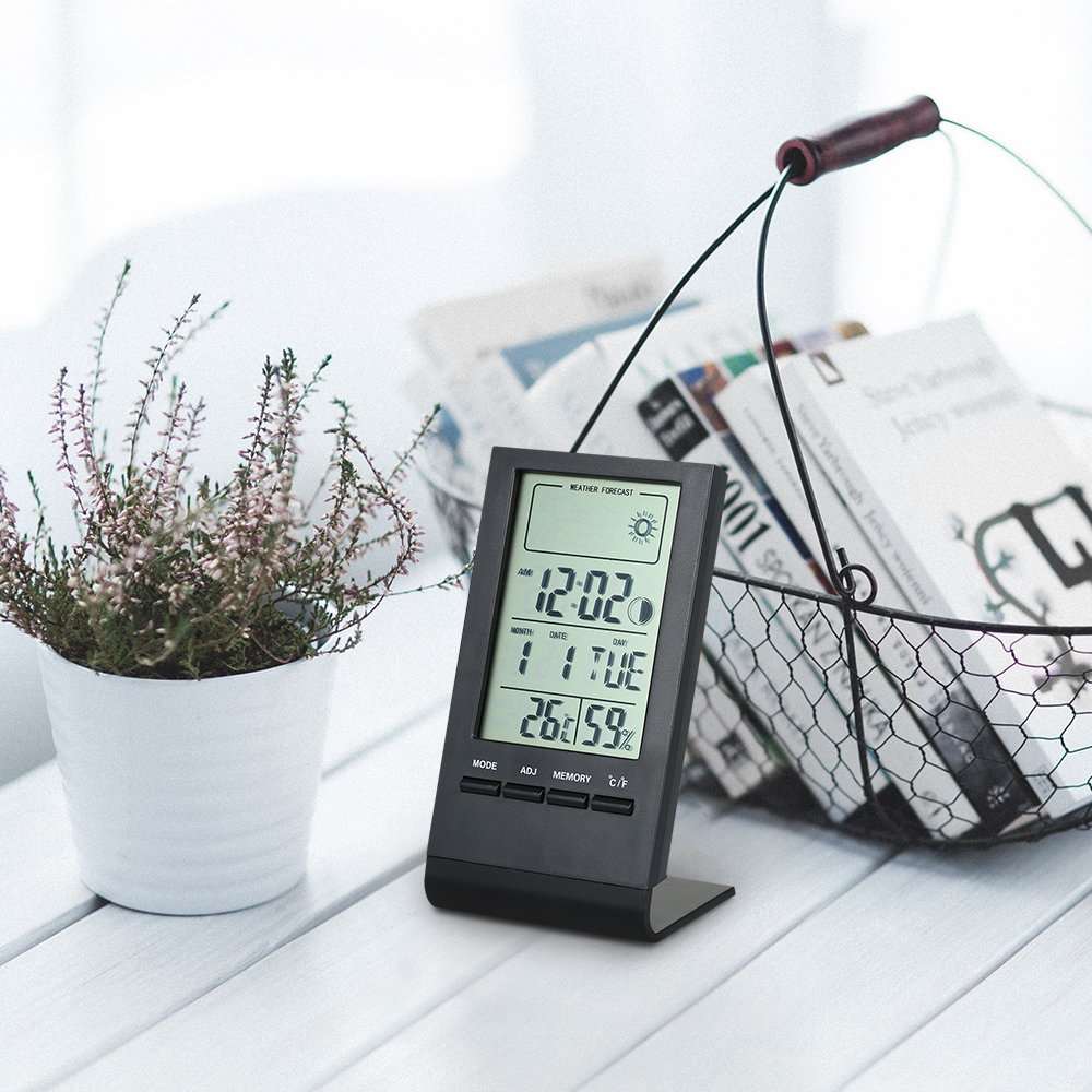Mini Digital Thermometer Hygrometer Indoor Temperature Humidity Meter Gauge Clock Weather Station Forecast Max Min Value Display