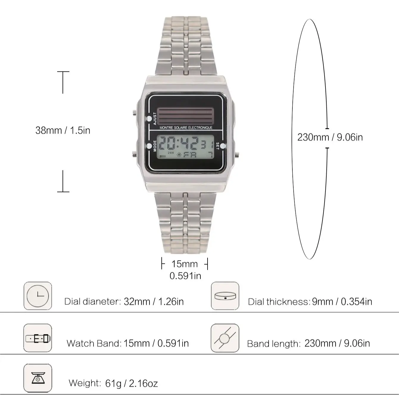Solar Digital Watch Square Sporty Ultra Long Battery Life Accessory Available