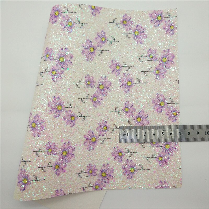 Purple Glitter leather, Flowers Printed Synthetic Vinyl Faux Leather Sheets Smooth Leather Felt Backing For DIY 21x29CM Q290: 4