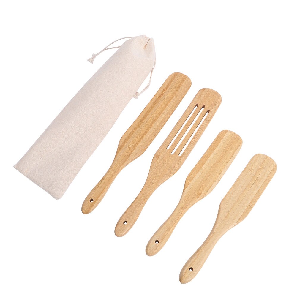 Bamboo Kitchen Utensil Set,4/5PCS Bamboo Spurtle Kitchen Sets Non-Stick Wooden Cooking Utensils Spatula Slotted Spatula Sets: 4PCS
