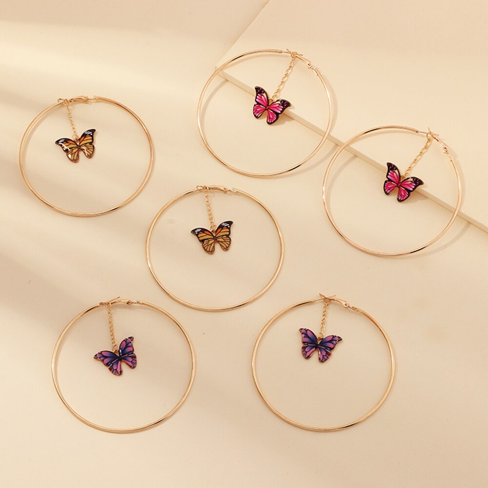 Mooie Dubbele Vlinder Oorbellen Europese Zomer Meisjes Multicolor Grote Ronde Cirkel Gold Hoop Oorbellen Sieraden Voor Vrouwen